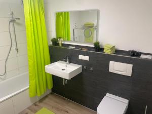 ein Badezimmer mit einem Waschbecken, einem WC und einem Spiegel in der Unterkunft Lissi Apartment nur 5 Min vom Europa Park und direkt am Naturschutzgebiet in Kappel-Grafenhausen