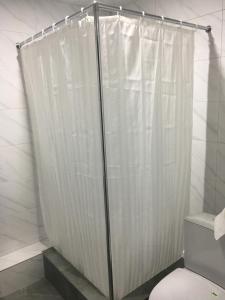 - Baño con cortina de ducha y aseo en Friendly B&B, en Gyumri