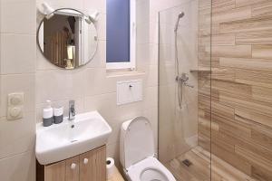 a bathroom with a toilet and a sink and a shower at Shevchenko Loft in Zaporozhye