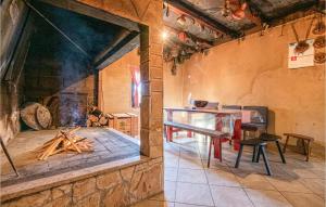 een stenen kamer met een tafel en een open haard bij Cozy Home In Vrgorac With Outdoor Swimming Pool in Vrgorac