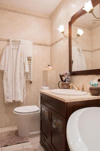 La salle de bains est pourvue d'un lavabo, de toilettes et d'un miroir. dans l'établissement Classy apartment in good neighbourhood, à Riga