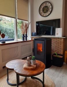 a living room with a fireplace and a table with a table sidx sidx at Secret Wellness Oase in Holten