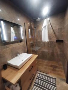 a bathroom with a sink and a shower at Beskidzka Stodoła przy szlaku z pięknym widokiem in Złatna