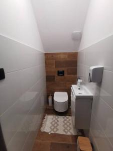 a small bathroom with a toilet and a sink at Beskidzka Stodoła przy szlaku z pięknym widokiem in Złatna +64 photos