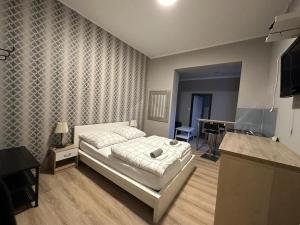 a bedroom with a bed and a table in a room at Eva's Hostel - Self Check-In & Only Private Rooms in Düsseldorf