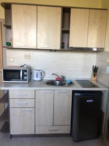 een kleine keuken met een magnetron en een spoelbak bij Cute Studio Apt, Pollo Resort in Sunny Beach