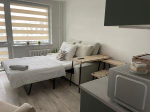 Kleines Zimmer mit einem Bett und einem TV in der Unterkunft Apartman na kopci in Košice