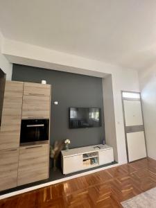 een woonkamer met een tv aan de muur bij Villa 56 Luxury apartments in Rhodos-stad