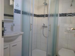 ein Bad mit einer Dusche, einem WC und einem Waschbecken in der Unterkunft Lemon house in Vis