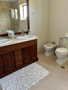een badkamer met een wastafel, een toilet en een spiegel bij Casa Vicente in Lamego