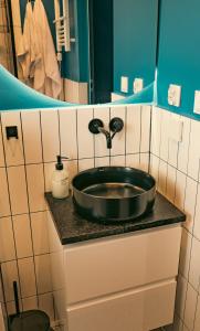 a bathroom with a sink and a mirror at Żurawi Las in Sasino