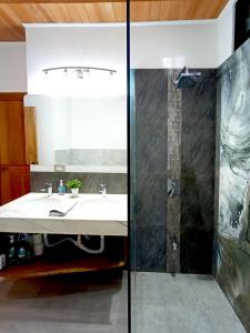 a bathroom with a sink and a shower at Dragonfly Beach Retreat Beachfront Casitas-Adult Only in Punta Uva