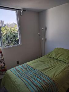 a bedroom with a green bed with a window at Casa 2 recámaras in Mexico City