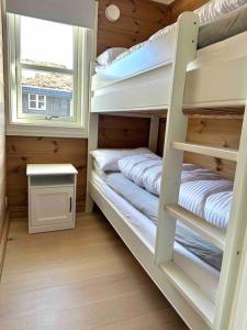 two bunk beds in a room with a window at Lovise Mountain Apartment in Stranda
