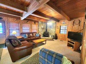 a living room with a leather couch and a television at Toste Cabin- Spacious 3br Cabin In East Village! in Shaver Lake