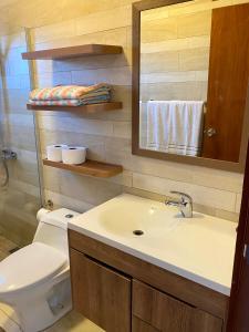 uma casa de banho com um WC, um lavatório e um espelho. em Cozy Apartment a 2 minutes to the Marriott em Noord