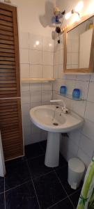 ein Badezimmer mit einem weißen Waschbecken und einem Spiegel in der Unterkunft DISTILLERIE in Tartane