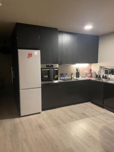 uma cozinha com armários pretos e um frigorífico branco em Beautiful apartment near Airport em Njarðvík