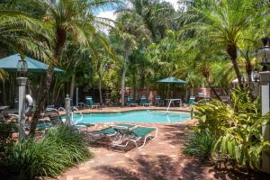 uma piscina com cadeiras e palmeiras em Royal Palm #1B em Siesta Key