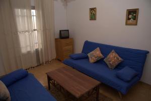 Benafer的住宿－Apartamento Paco entre Valencia y Castellón，客厅配有蓝色的沙发和桌子