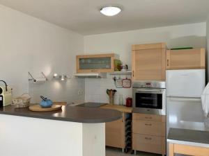 eine Küche mit Holzschränken und einem weißen Kühlschrank in der Unterkunft Appartement Mèze, 2 pièces, 4 personnes - FR-1-604-36 in Mèze
