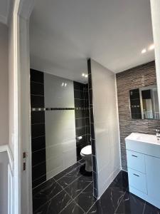 La salle de bains est pourvue de toilettes et d'un lavabo. dans l'établissement Charmant T2 proche du centre ville, à Cannes