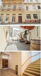 dos fotos de un edificio con escaleras y un edificio con un barril en Grey House en Braşov