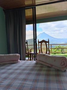 a bedroom with a bed with a view of a mountain at Encanto Arenal lodge in Fortuna