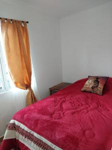 麥德林的住宿－Los balcones l，一间卧室配有一张红色的床和窗户