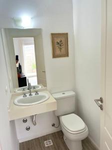 a bathroom with a toilet and a sink and a mirror at Gran departamento a metros de la laguna para parejas in Chascomús
