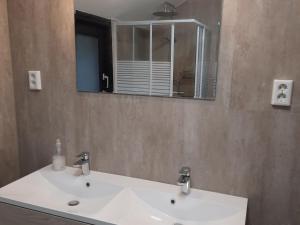 ein Badezimmer mit einem weißen Waschbecken und einem Spiegel in der Unterkunft Cozy holiday home in a unique location in Winterberg in Winterberg