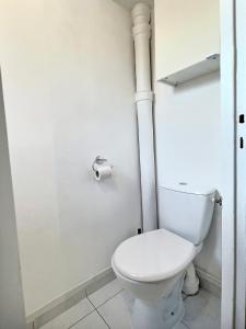 a white bathroom with a toilet and a shower at Cosy Studio Père-lachaise-Pelleport in Paris
