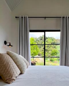 a bedroom with a bed and a large window at Risco de Hugo in Boquete