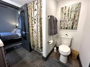 a bathroom with a toilet and a bed and a shower at Trendy Downtown Apartments in Roanoke