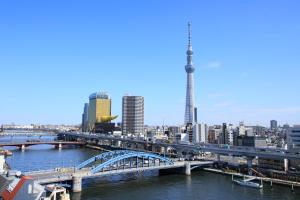 a bridge over a river with a city at Tamayura Hotel Asakusa in Tokyo