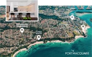 a map of port waveriderique and a map of portmanteau at 'Beautiful View' close to Flynns Beach in Port Macquarie
