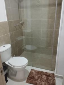 La salle de bains est pourvue de toilettes et d'une douche en verre. dans l'établissement APARTAMENTO EN BUCARAMANGA, ZONA CENTRICA, à Bucaramanga