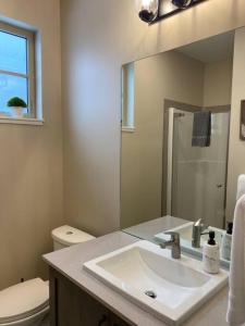 a bathroom with a sink and a toilet and a mirror at Cozy Modern Ski-in/Ski-out, Hot Tub, Alpine Home in Sun Peaks