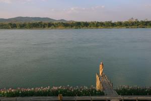 Chiangkhan River Mountain Resort في تشيانغ خان: تمثال كلب جالس فوق جسر خشبي فوق بحيرة