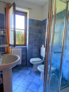 une salle de bain bleue avec des toilettes et un lavabo dans l'établissement The Children Smile- with Private Garden, à Colico
