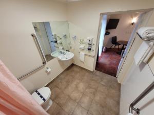 a bathroom with a sink and a toilet and a mirror at City of Sails Motel in Auckland