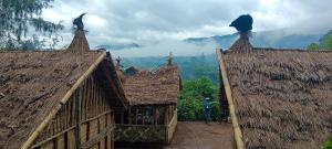 a group of buildings with thatched roofs with mountains in the background at Omo Bugamo Skeleton Tribe Eco Resort 
