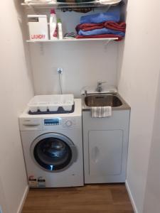 uma lavandaria com um lavatório e uma máquina de lavar roupa em Pin Oaks em Whanganui
