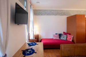 Habitación pequeña con cama roja y TV. en Pr'Gavedarjo Eco Heritage B&B en Kranjska Gora
