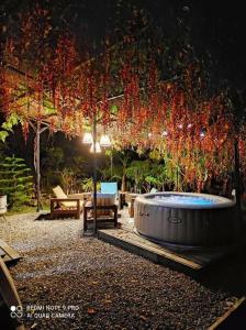 a hot tub in a garden with a tree at Lodge le jardin créole in Bras-Panon