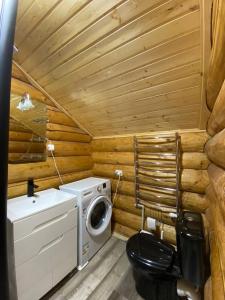 ein Badezimmer mit einer Waschmaschine und einem WC in der Unterkunft Приватна садиба GREEN HOUSE in Mischhirja