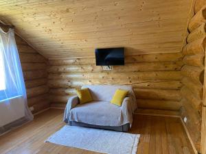 a room with a couch and a tv on a wall at Приватна садиба GREEN HOUSE in Mizhhirya