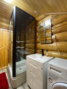 ein Badezimmer mit einem TV an einer Holzwand in der Unterkunft Приватна садиба GREEN HOUSE in Mischhirja