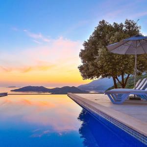 a pool with an umbrella and a chair and a tree at Sunset Butik Aparts in Kas