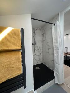 a bathroom with a shower with towels on a wall at L'Écrin de Bayard - Studio climatisé hyper-centre in Toulouse